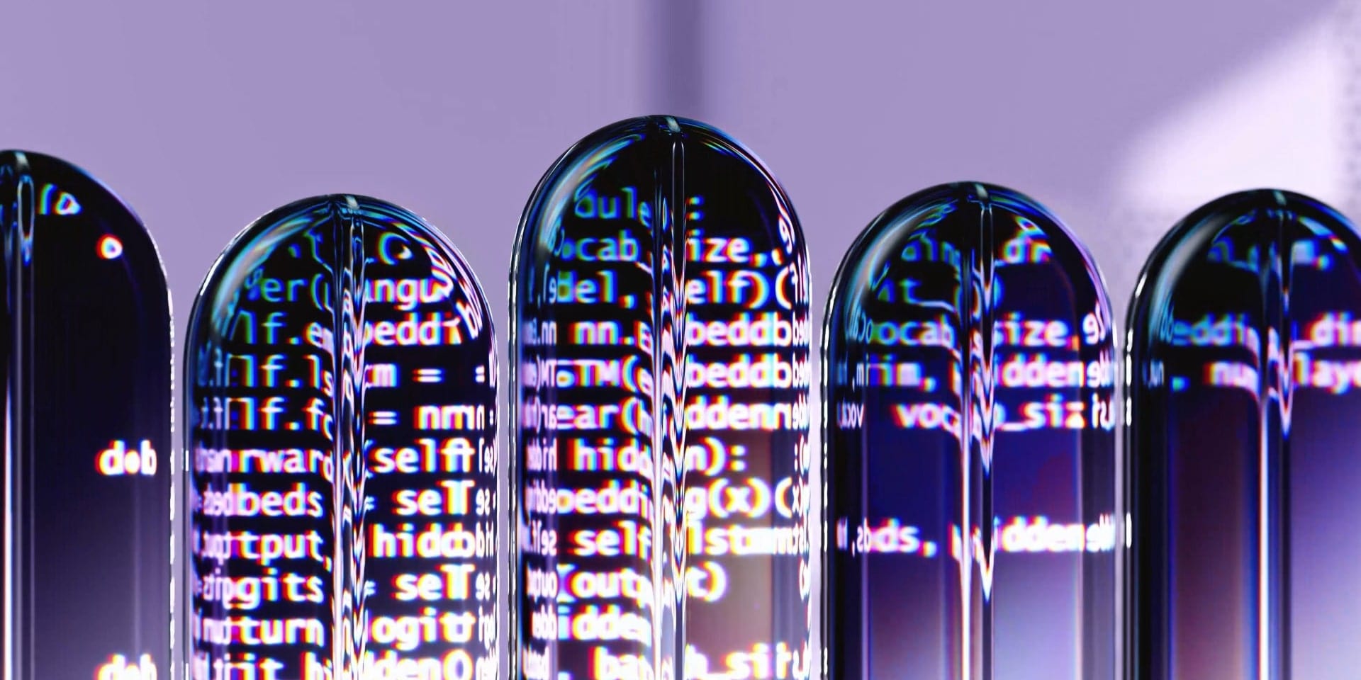 5 glass tubes reflecting some blocks of code