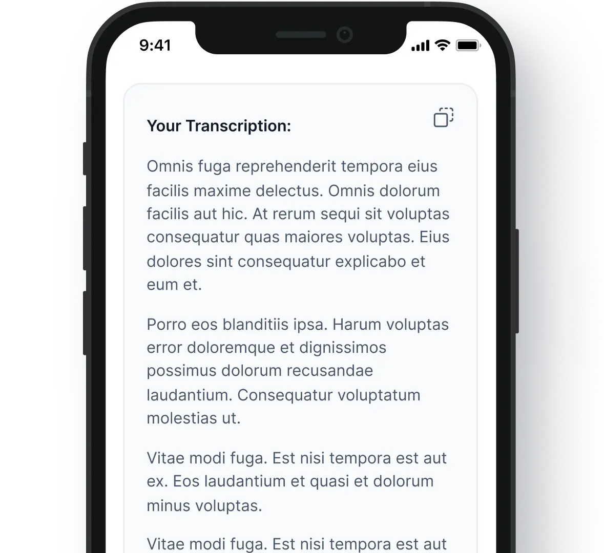 A mockup of an iPhone showing a transcription result. The result is the famous Lorem Ipsum texts.