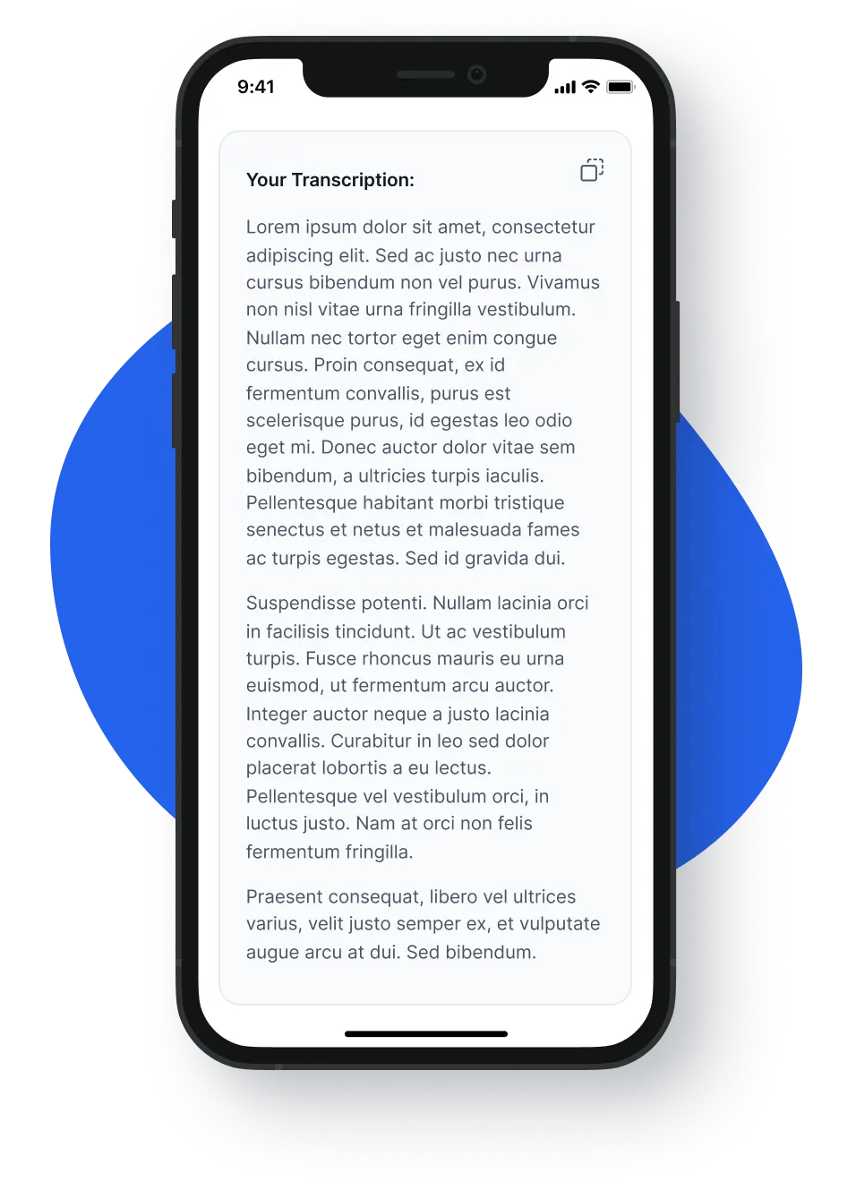 A mockup of an iPhone showing a transcription result. The result is the famous Lorem Ipsum texts. Behind the iPhone there is a blue visual element.